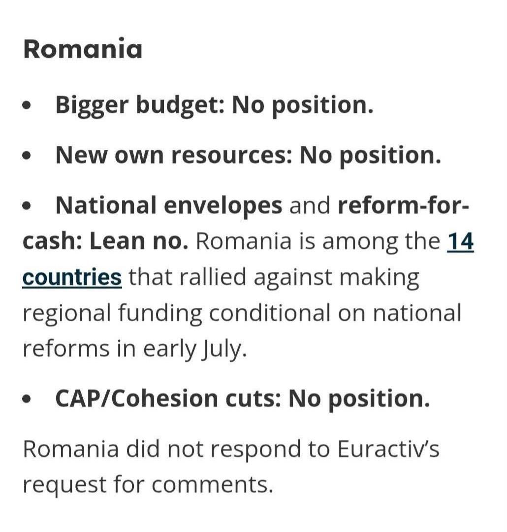 Victor_Ponta's tweet image. Când Europa decide pe ce cheltuie 1.2 trilioane de euro, România… tace în timp ce Polonia cere și negociază!
Euractiv a întrebat guvernele UE dacă susțin creșterea bugetului european, introducerea de taxe noi și eventuale modificări la fondurile pentru agricultură și coeziune.…