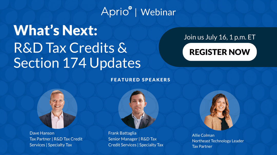 The One Big Beautiful Bill was signed into law, impacting R&amp;D Tax Credits and Section 174 Capitalization. Join us in a webinar this Wednesday to hear from Dave Hanson, Frank Battaglia, and Allie Colman as they discuss changes to R&amp;D Tax Credits and Section 174 Capitalization…
