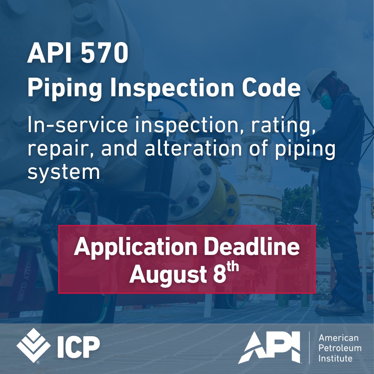 APIGlobal's tweet image. The API 570 Piping Inspector Certification is a proven way to stand out in the oil and gas industry. Gain your competitive advantage by earning API's Individual Certification Programs (ICP) certification.
📅 Apply by August 8th
hubs.la/Q03wqS460