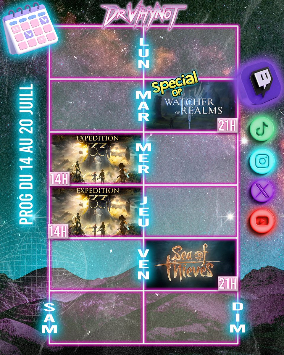 Dr_Why_Not's tweet image. PLANNING LIVE DE LA SEMAINE
Mardi on démarre l'OP sur #WatcherofRealms , plus vous jouer plus les live en Thailande seront fous 😉
Mercredi et jeudi on finit #ClairObscurExpedition33 ?
Vendredi ça sera #SeaOfThieves ou autre chose on verra