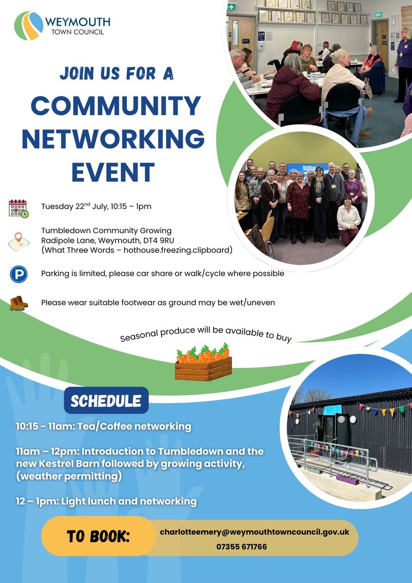 WeymouthWTC's tweet image. 🤩 Our next Community Networking event takes place on Tuesday 22nd July, 10.15am - 1pm at Tumbledown. For more information, please see: orlo.uk/FRJul

#Community #LocalGroups #WeymouthEvents #WeymouthTownCouncil
