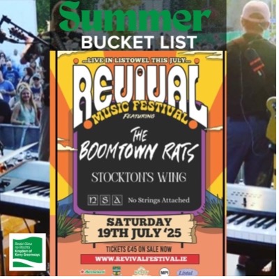 🎶✨ Ready to rock Listowel? ✨🎸
Revival Music Festival is BACK! Sat, July 19th – The Square lights up with The Boomtown Rats, Stockton’s Wing &amp; No Strings Attached!
🌙 Live tunes under the stars
🔥 Electric vibes in the heart of Kerry
🎟️ €45 | Over 18s | ID required