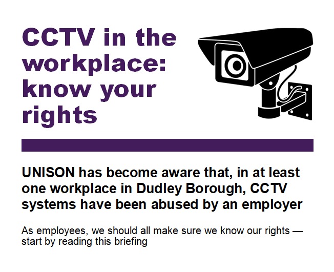 UNISON Dudley General (@unisondudley) on Twitter photo UNISON has become aware that, in at least one workplace in Dudley Borough, CCTV surveillance systems have been abused by an employer.
Know your rights - read our briefing on CCTV: unisondudleygeneral.org.uk/uploads/CCTV%2โฆ
<a href="/unisonwestmids/">UNISON West Midlands</a> <a href="/unisontheunion/">UNISON - UK's largest union</a> UNISON has become aware that, in at least one workplace in Dudley Borough, CCTV surveillance systems have been abused by an employer.
Know your rights - read our briefing on CCTV: unisondudleygeneral.org.uk/uploads/CCTV%2โฆ
<a href="/unisonwestmids/">UNISON West Midlands</a> <a href="/unisontheunion/">UNISON - UK's largest union</a>