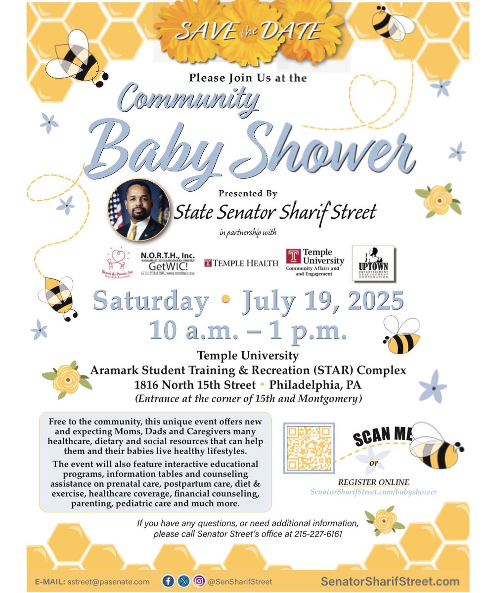 CM_JimHarrity's tweet image. 👶 Join us for a Community Baby Shower with @SenSharifStreet & partners!
🗓️ Sat, July 19 | 🕙 10 AM – 1 PM
📍 Temple STAR Complex
✅ Free event for new/expecting parents
✅ Health, diet, parenting resources & more
Register: SenatorSharifStreet.com/babyshower
#Philly #HealthyBabies