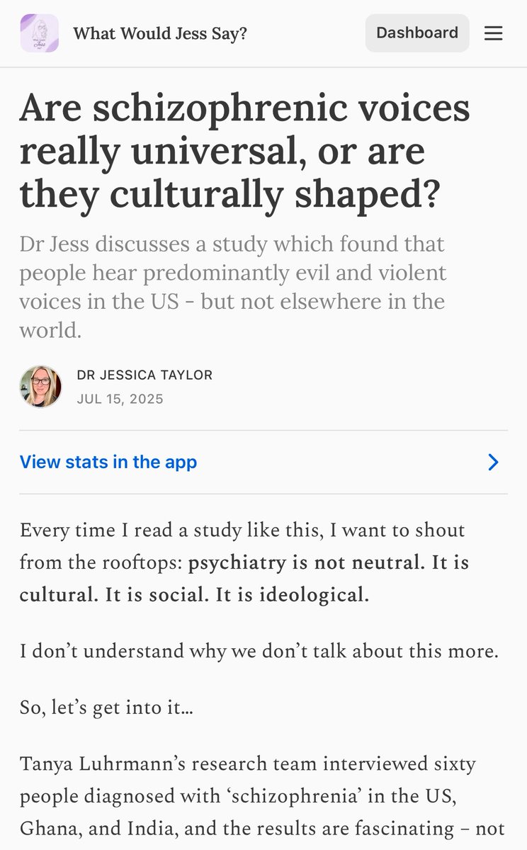 DrJessTaylor's tweet image. Extract from my new article:
Tanya Luhrmann’s research team interviewed sixty people diagnosed with ‘schizophrenia’ in the US, Ghana, and India, and the results are fascinating – not because they reveal anything particularly new about human distress, but because they remind us…
