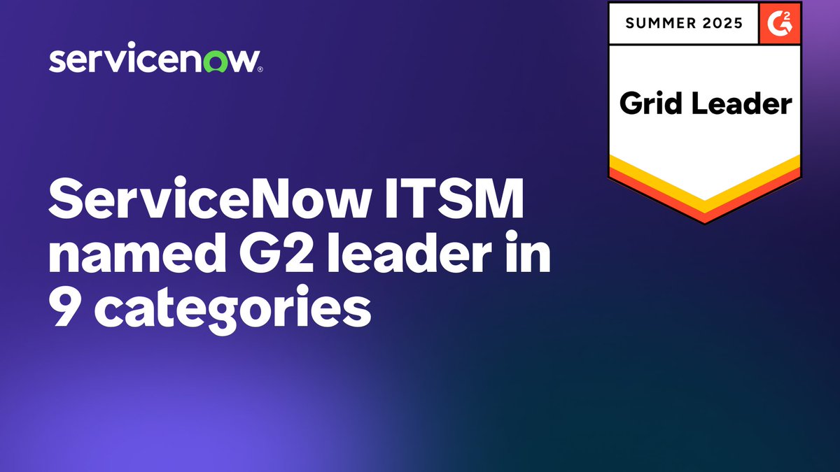 ServiceNowNews's tweet image. Nine categories, one leader. The @G2dotcom community just ranked ServiceNow ITSM a top performer across the board for summer 2025. See why users are calling it a “game changer.” spr.ly/601044cR8