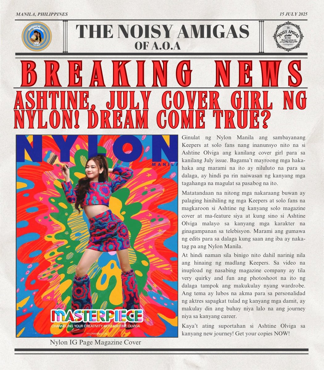 BREAKING NEWS! 📰✨

Si Ashtine na nga ang cover girl ng Nylon Philippines ngayong July issue! At ang shots? Panalo! 🔥 Ash is literally THAT girl — visuals, aura, presence, lahat nasa kanya na! 💅

KEEPERS, naka-preorder na ba kayong lahat? O baka naman… sinold out niyo agad?!
