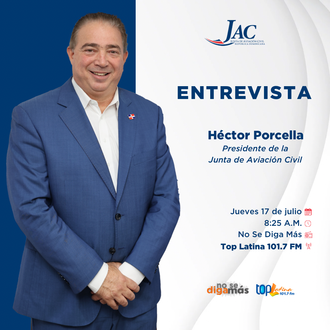 🎙️🗞️| Este jueves a partir de las 8:25 am, <a href="/HectorPorcella/">Héctor Porcella</a>, presidente de la Junta de Aviación Civil, en una entrevista 🗣️para el programa radial @NoSeDigaMásRD, 📡 a través de 101.7 @TopLatinafm

Escucha también a través de YouTube 👉🏼▶️ @TopLatinaFm