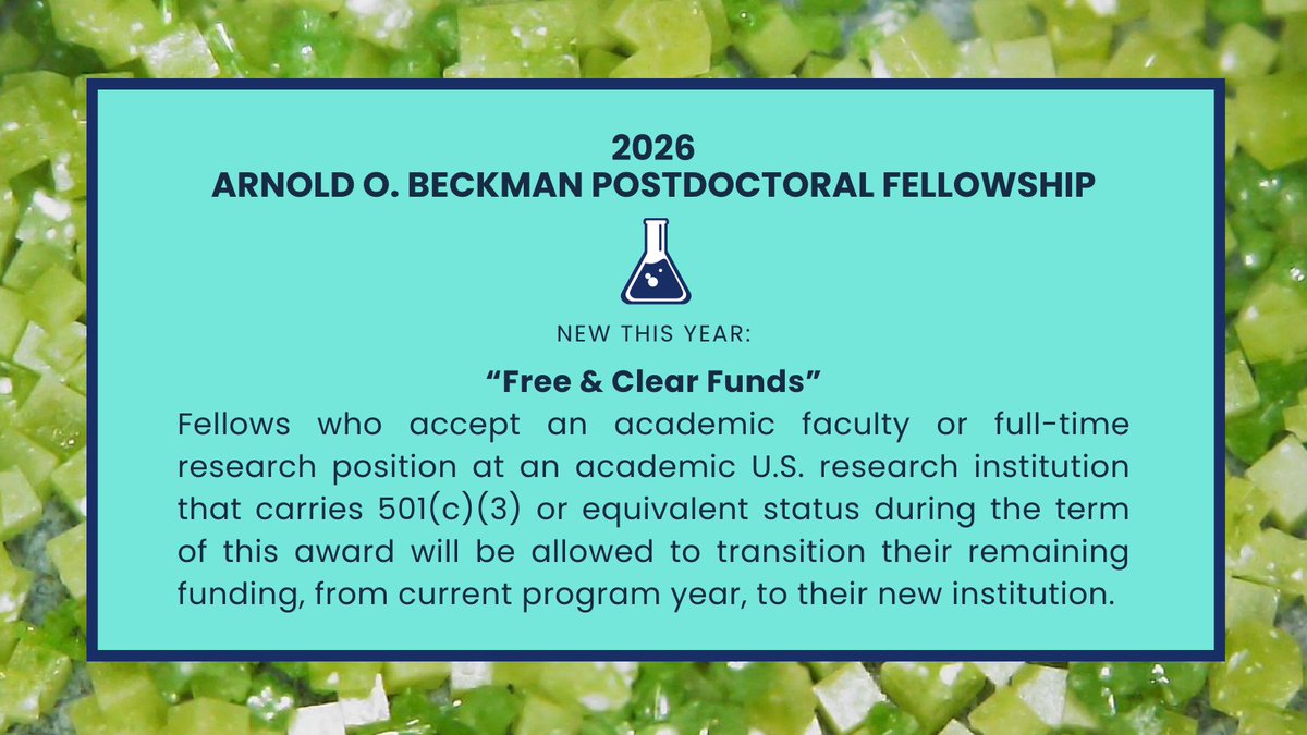 Learn more about how “Free &amp; Clear Funds,” part of the 2026 #AOBPostdoc program terms, can enable funding to transition from one academic institution to another.
ow.ly/PESK50VOSEO 
#grants #funding #chemicalsciences #chemicalinstrumentation #beckman #postdoc #chemistry #LOI