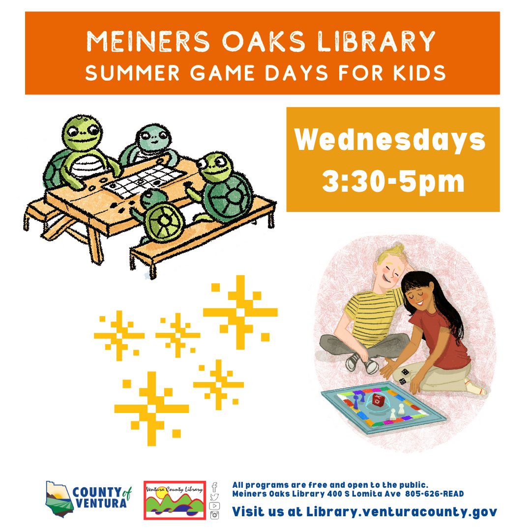 vencolibrary's tweet image. Join us for games at the Meiners Oaks Library!
July 16 classic board games
July 23 lawn games
July 30 Super Smash Bros