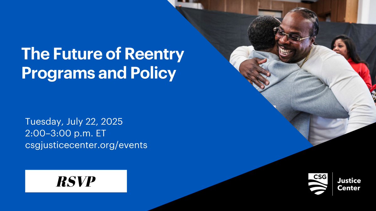 CSGJC's tweet image. Does your work involve reentry? Join us for a virtual event to reduce recidivism & support ppl after incarceration.
Learn about:
✅ The Second Chance Act of 2025
✅ Community supervision trends
✅ Whole-of-govt reentry strategies
✅ Joining #Reentry2030
🗓️ Register now:…