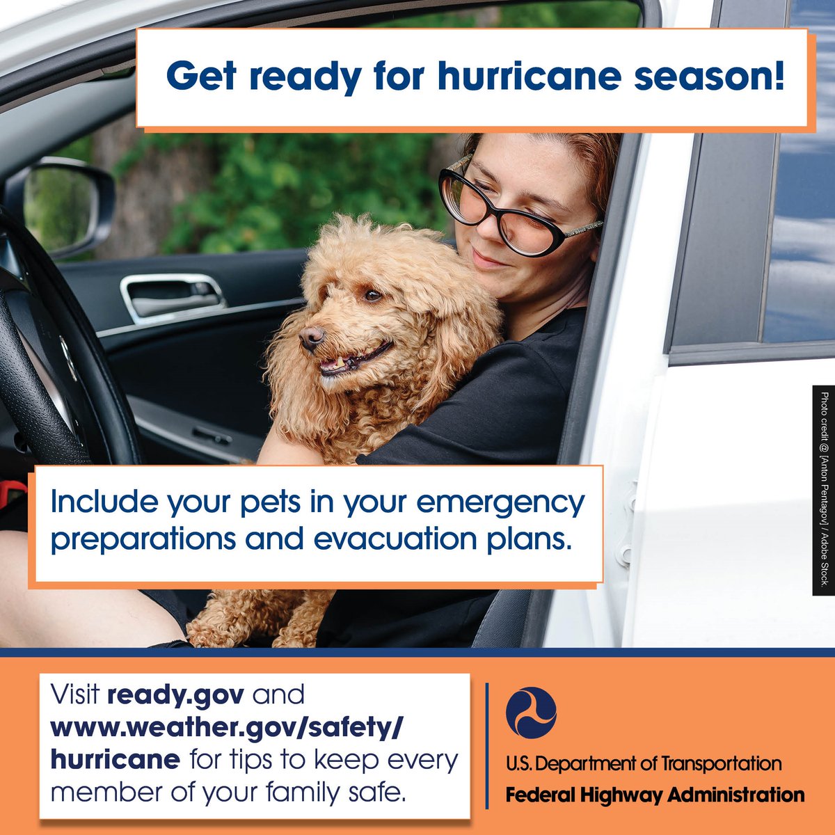 USDOTFHWA's tweet image. Your dog doesn’t know it’s hurricane season—that’s your job! FHWA reminds you to include your pets in your emergency preparations and evacuation plans. Visit ready.gov and weather.gov/safety/hurrica… for tips on keeping every member of your family safe!