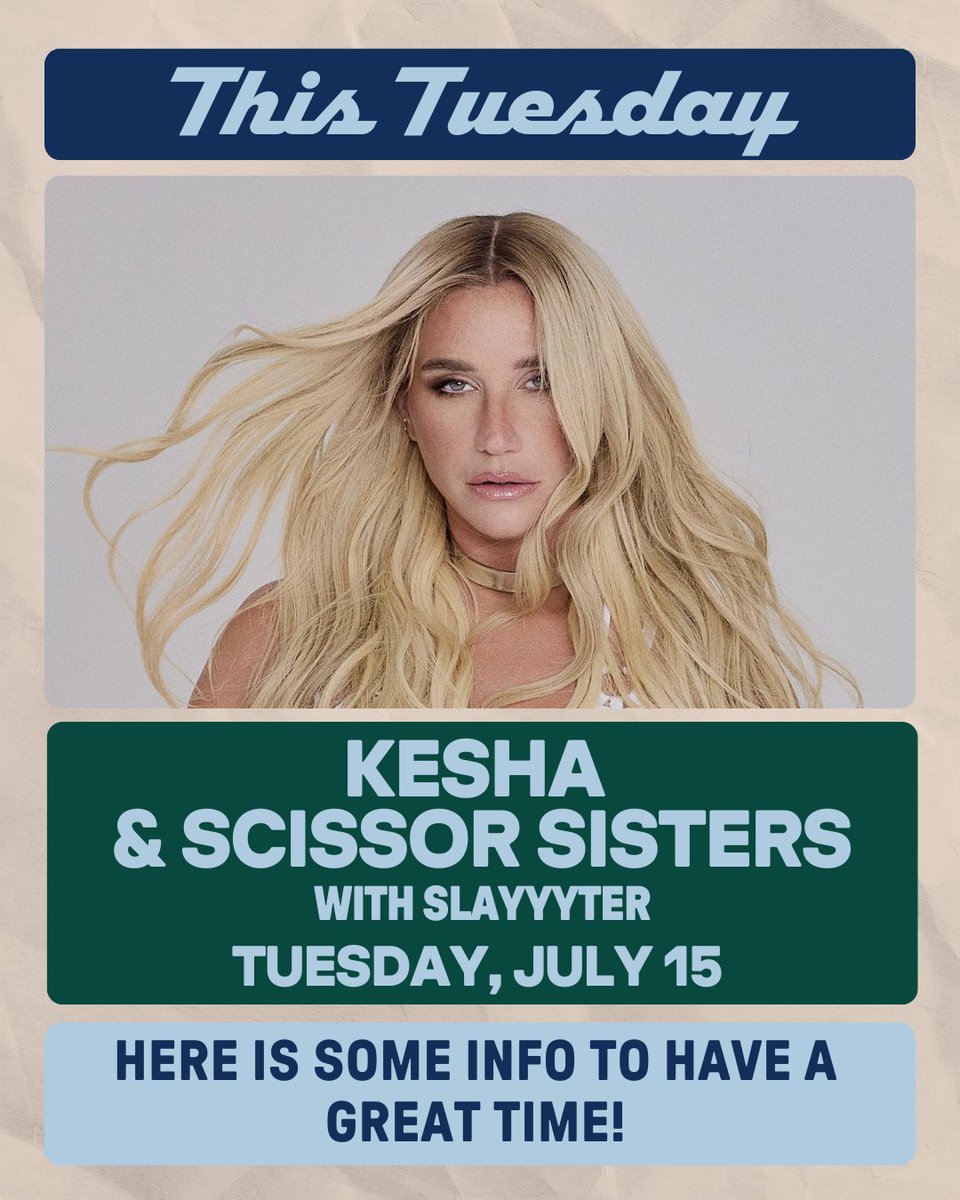 Ascend_amp's tweet image. β¨ TONIGHT - TUESDAY 7/15 β¨ Kesha & Scissor Sisters with Slayyyter at Ascend Amphitheater!
ποΈ Gates Open: 5:30 PM
πΆ Show Time: 7:00 PM
π² Want updates on tonight's event? Text "KESHA" to +1 (615) 437-4413
β¬οΈ Check out our upgrades π livemu.sc/3GHbI0u