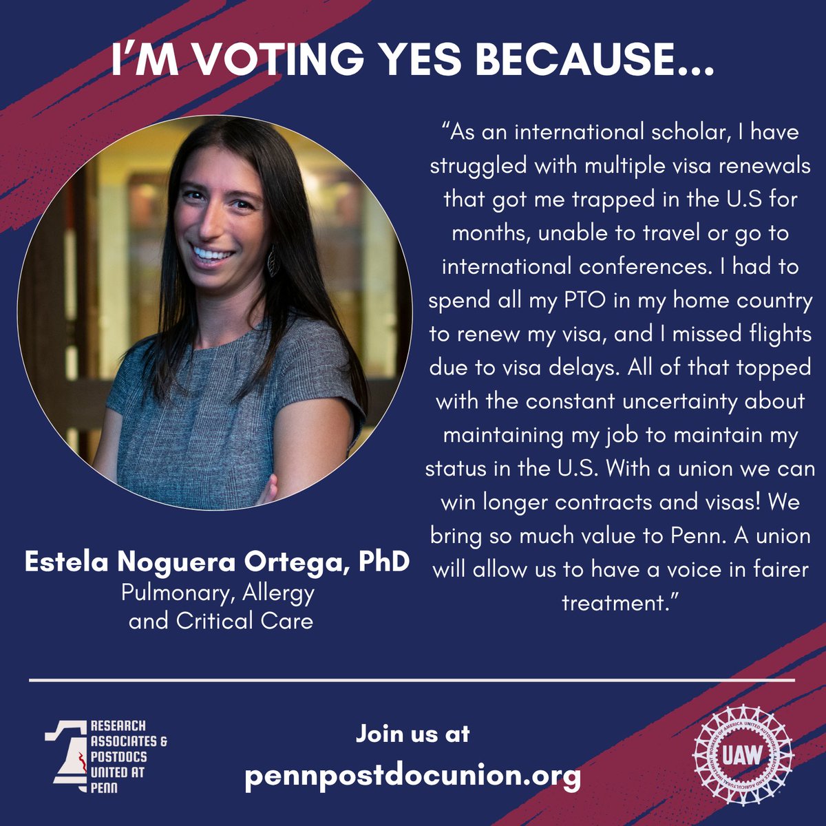 RAPUP_UAW's tweet image. International postdoc face unique challenges and deserve stronger benefits and protections to support their crucial research contributions at Penn!
VOTE YES this Wed 7/16 and Thurs 7/17 10am-7pm so we can fight for better in a contract!! 🌍
