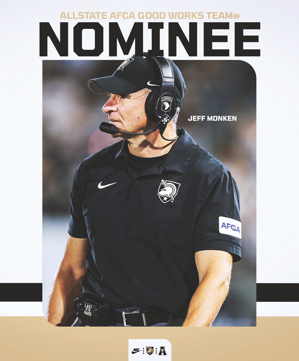 ArmyWP_Football's tweet image. .@CoachJeffMonken has been nominated to the 2025 Allstate AFCA Good Works® Team for the third time 👏👏👏
He is one of 16 head coaches to be nominated for the honor.
→ goarmywestpoint.com/news/2025/7/15…