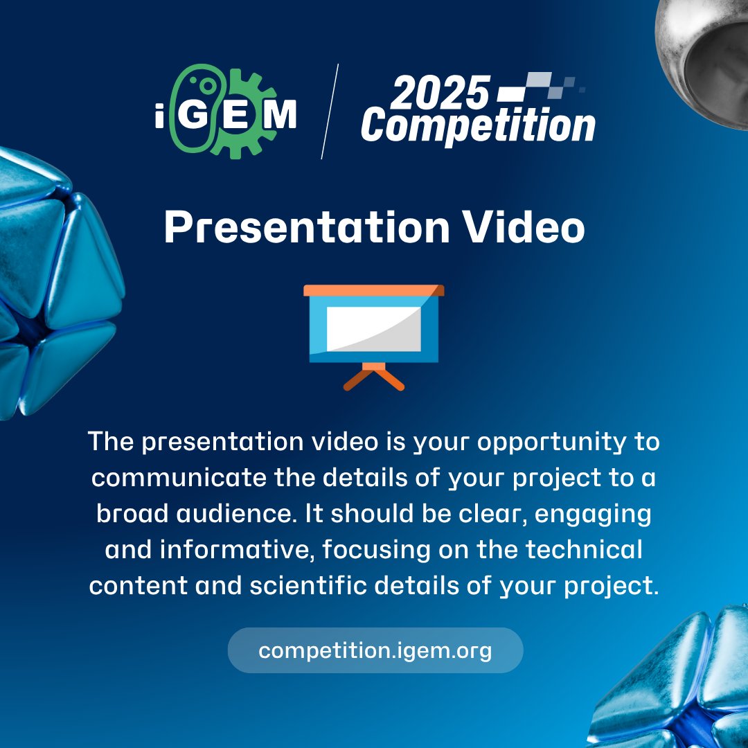 iGEM's tweet image. Submissions for the Project Promotion Video and Presentation Video deliverables are now open for teams!

There are a total of 14 deliverables for 2025 iGEM Competition Teams. Learn more about the Competition deliverables: competition.igem.org/deliverables