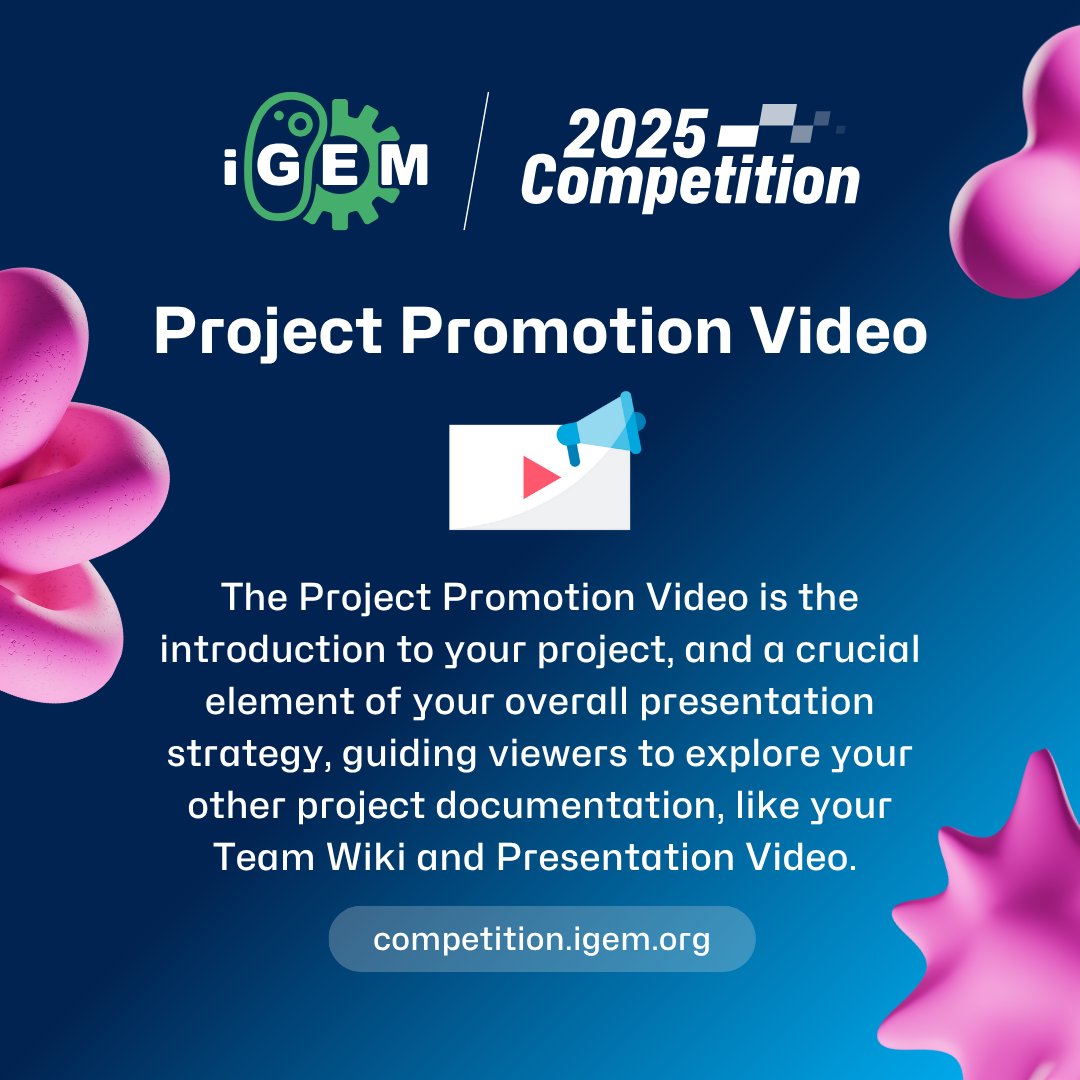 iGEM's tweet image. Submissions for the Project Promotion Video and Presentation Video deliverables are now open for teams!

There are a total of 14 deliverables for 2025 iGEM Competition Teams. Learn more about the Competition deliverables: competition.igem.org/deliverables