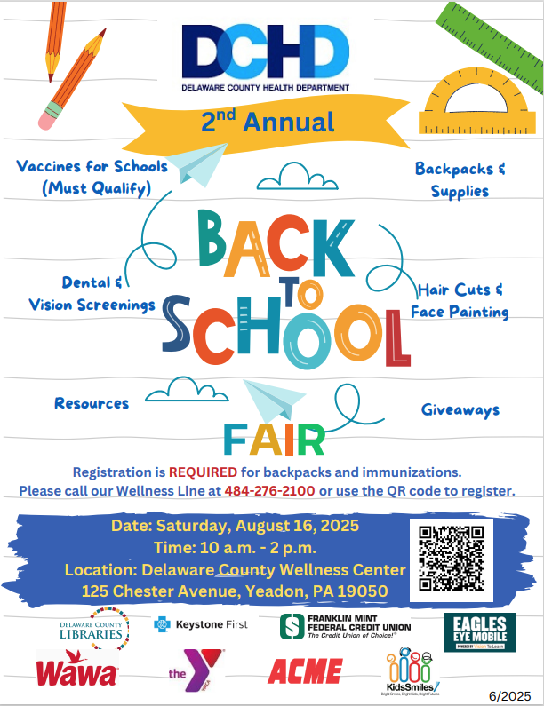 RepHeatherBoyd's tweet image. The Delaware County Health Department will be hosting their 2nd Annual Back to School Fair on Saturday, August 16th. Registration is required for backpacks and immunizations. Call their Wellness Line at 484-276-2100 to register today!
