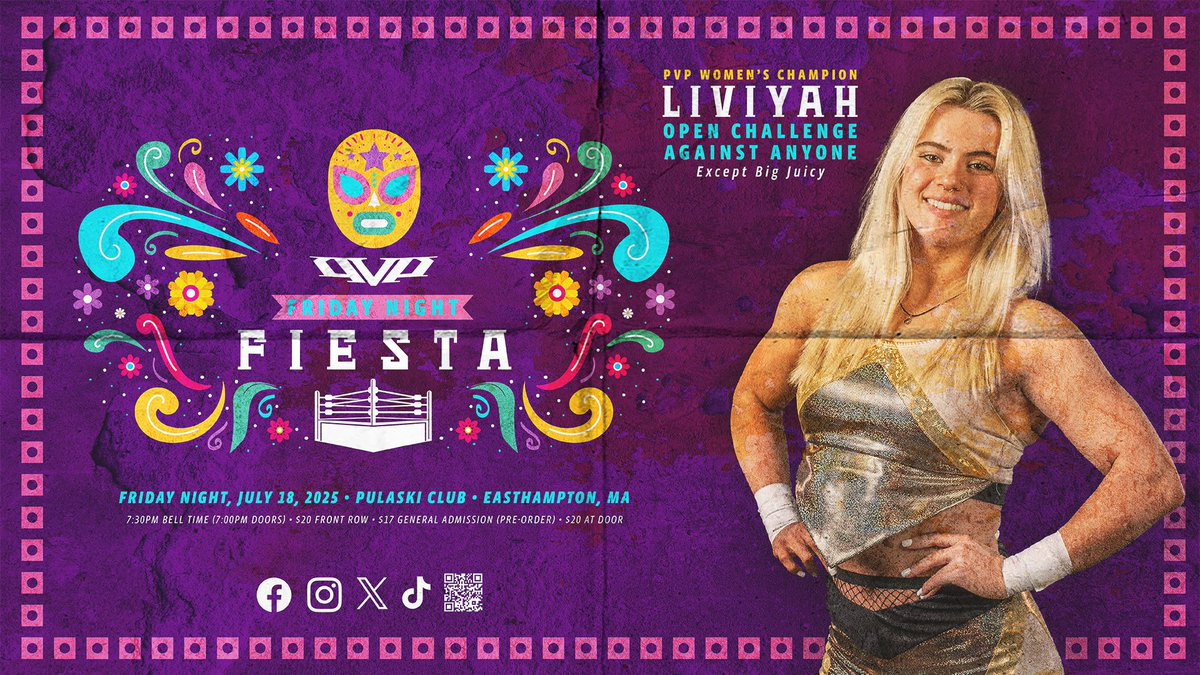 PVP Wrestling (@pvpwrestling) on Twitter photo THIS FRIDAY | EASTHAMPTON, MA!
PVP presents: Friday Night Fiesta
$17 pre-order | $20 at the door
๐ pvptickets.fws.store
Family Friendly | Bar | Food | Raffles
Event Page โฌ๏ธ
facebook.com/events/s/pvp-wโฆ
PVP LINEAGE CHAMPIONSHIP
<a href="/ItsDustinWaller/">๐๐ฎ๐ฌ๐ญ๐ข๐ง '๐
๐ฅ๐๐ฌ๐ก' ๐๐๐ฅ๐ฅ๐๐ซ</a> (c) vs Ichiban
FIRST TIME EVER THIS FRIDAY | EASTHAMPTON, MA!
PVP presents: Friday Night Fiesta
$17 pre-order | $20 at the door
๐ pvptickets.fws.store
Family Friendly | Bar | Food | Raffles
Event Page โฌ๏ธ
facebook.com/events/s/pvp-wโฆ
PVP LINEAGE CHAMPIONSHIP
<a href="/ItsDustinWaller/">๐๐ฎ๐ฌ๐ญ๐ข๐ง '๐
๐ฅ๐๐ฌ๐ก' ๐๐๐ฅ๐ฅ๐๐ซ</a> (c) vs Ichiban
FIRST TIME EVER