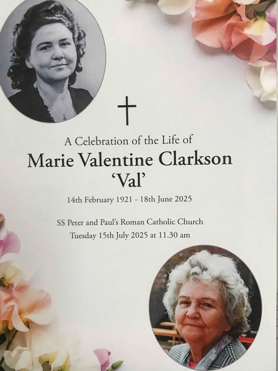 ed800m's tweet image. I watched the live-streaming of Marie Valentine Clarkson's funeral this morning. Born 14 Feb 1921. Died 18 Jun 2025. Age 104. Her family are a branch of my great-grandfather's family. It was held in the RC church of St Peter & St Paul, Crosby, Liverpool. @Tigga594 @Jimmyocx3
