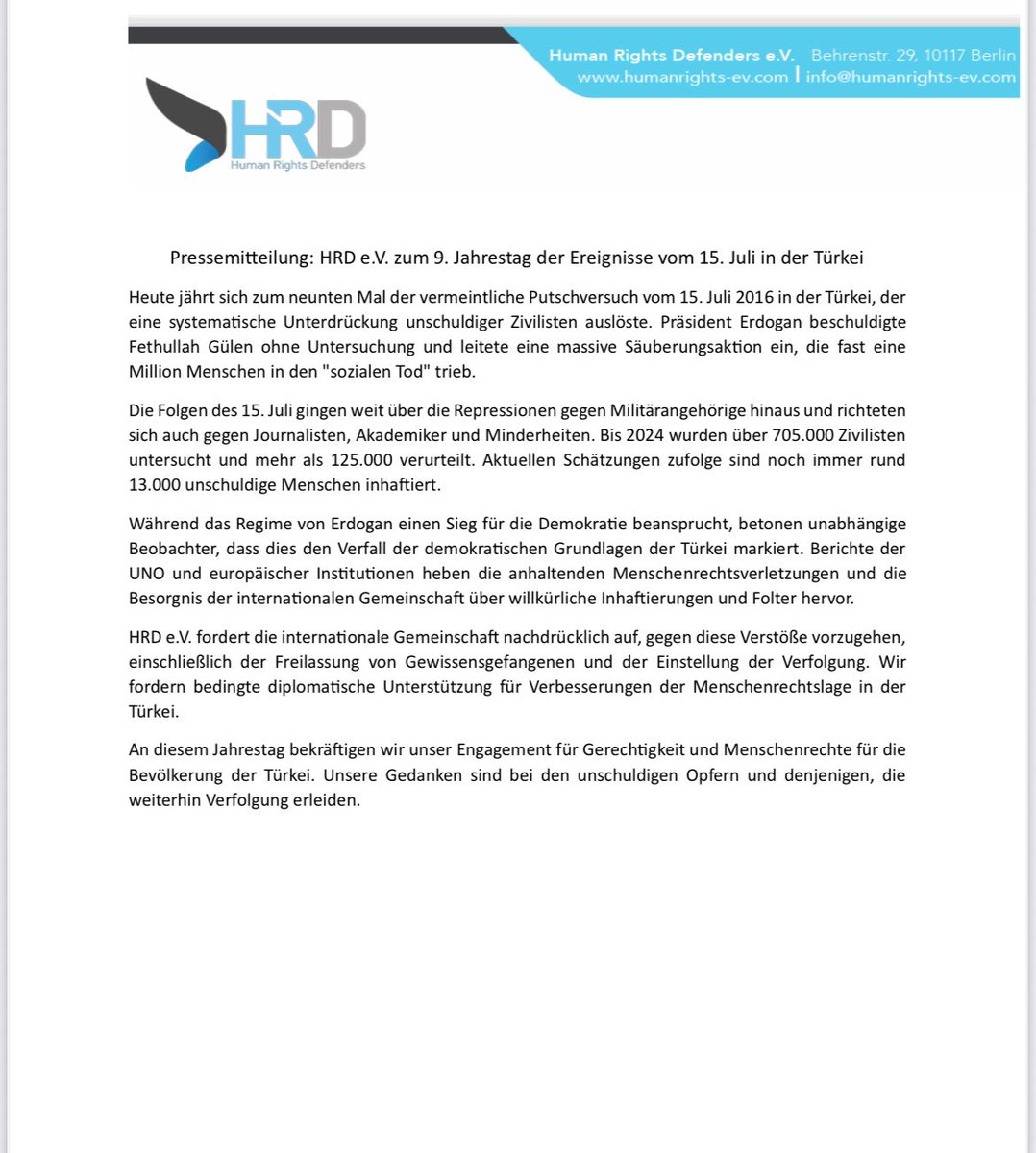 Unsere Pressemitteilung zum 9. Jahrestag des vermeintlischen Putschversuchs vom 15. Juli.