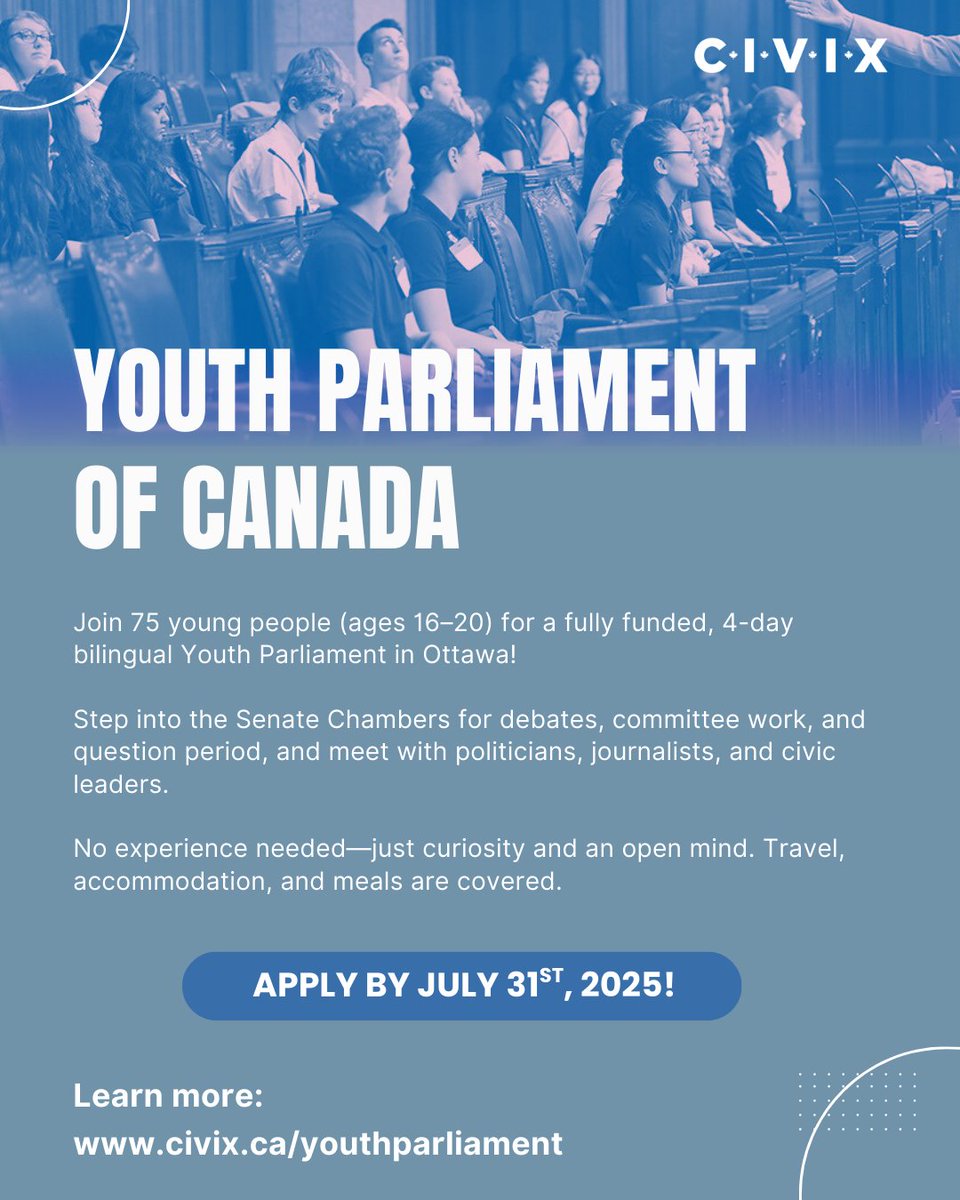 🗳️ Are you aged 16-20? Are you curious about politics and democracy?  

The Youth Parliament of Canada is a free simulation program designed to engage and educate youth on what Canadian democracy is all about.  

Join us in Ottawa – apply today! 📷 civix.ca/youthparliament