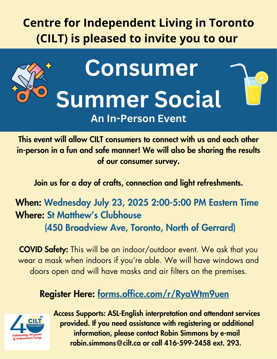 Have you signed up for CILT's Consumer Summer Social yet? 

Join us for a day of crafts, connection and light refreshments on Thursday July 23rd from St. Matthew's Clubhouse! 

Register NOW: cilt.ca/event/consumer…