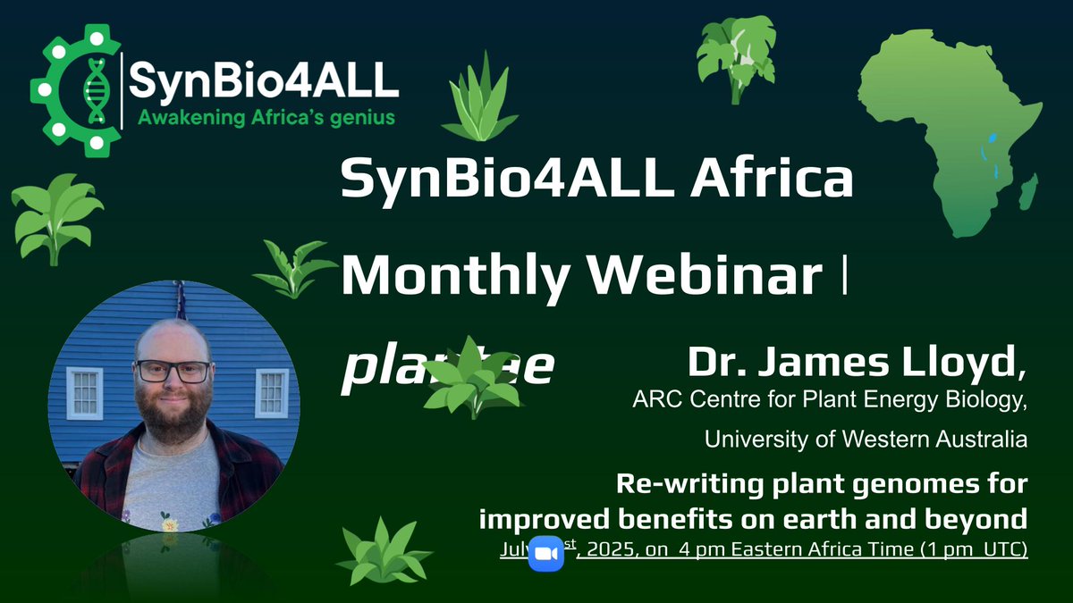 Synbio4allA's tweet image. We’re hosting two global experts in synthetic biology this July.
Dr. James Lloyd – Mon 21st July, 4PM EAT
Topic: Re-writing Plant Genomes
Register: forms.gle/qhHJXwuCyTcCj6…
Dr. Feilun Wu – Fri 25th July, 7PM EAT
Topic: AI Tools & WetGenie
Register: forms.gle/Y4N9Sm94xtxbpJ…