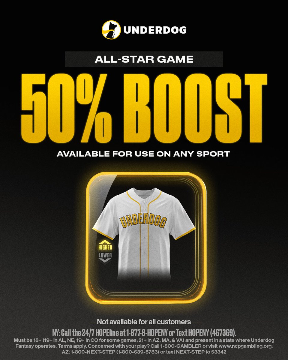 UnderdogPicks's tweet image. Increase your payout for an MLB All-Star Game entry with a 50% Profit Boost today 🚀