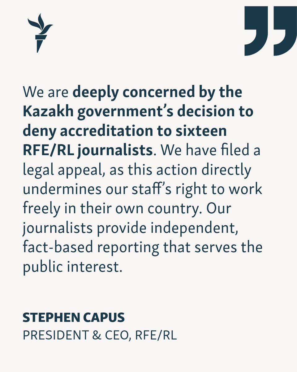 On Friday, <a href="/RFERL/">Radio Free Europe/Radio Liberty</a> submitted a legal complaint challenging the decision by Kazakhstan’s Ministry of Foreign Affairs to deny the accreditation of RFE/RL journalists.

President &amp; CEO <a href="/SteveCapus/">Steve Capus</a> 🔽