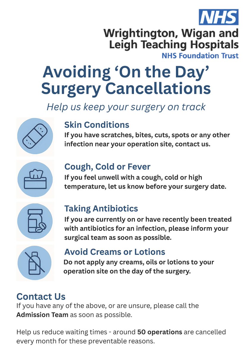 WWLNHS's tweet image. Help us keep your surgery on track🏥
Avoid 'On the Day' surgery cancellations to help us reduce waiting times. Around 50 operations are cancelled every month for the below reasons.
Contact your Admissions Team as soon as possible.
