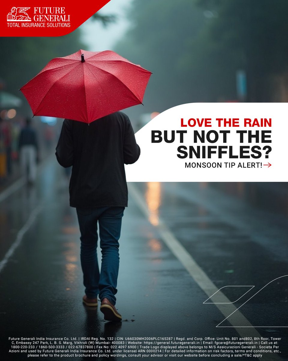 GeneraliCentral's tweet image. The monsoons bring nostalgia, a hot cup of chai, and Sufi melodies playing against rain-kissed windows. While the memories pour in, let FG Health Absolute be the umbrella that keeps your health covered. 

#FutureGenerali #MonsoonHealthTips