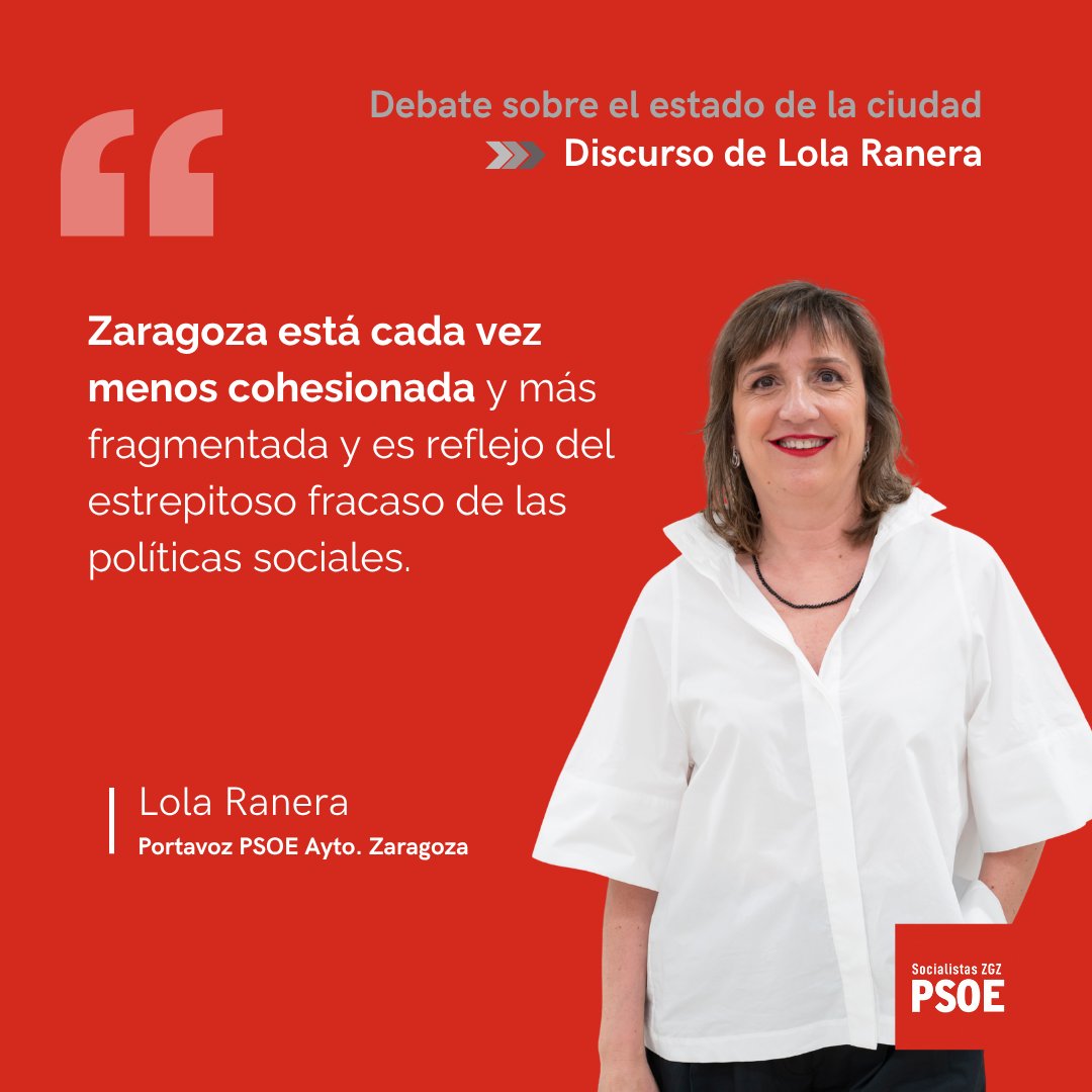 🗣<a href="/lolaranera/">Lola Ranera</a>: "Zaragoza está cada vez menos cohesionada y más fragmentada y es reflejo del estrepitoso fracaso de las políticas sociales. Una ciudad en la que un 35% de las personas tienen dificultades para llegar a fin de mes".