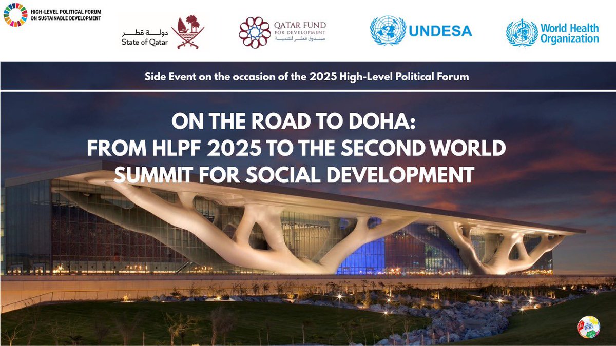 QatarAtUN's tweet image. Join us today for the #HLPF2025 Side event &quot;On the Road to Doha: From HLPF 2025 to the Second World Summit for Social Development&quot; w/ @qatar_fund, &amp;amp; discover how #SDGs review can help shape the ambition &amp;amp; substance of the upcoming #WSSD2 in Doha.
🔗webtv.un.org/en/asset/k1p/k…