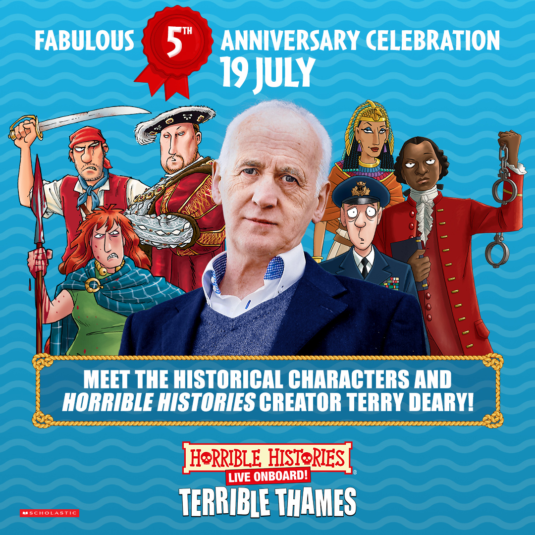 Horrible Histories' legendary creator Terry Deary will be joining us on the Terrible Thames Tour this Saturday to mark FIVE fabulous years! 🤩

You can meet Terry at the 12.45, 13.45 and 14.45 sailings plus we've a host of additional characters on hand too!

See you there!