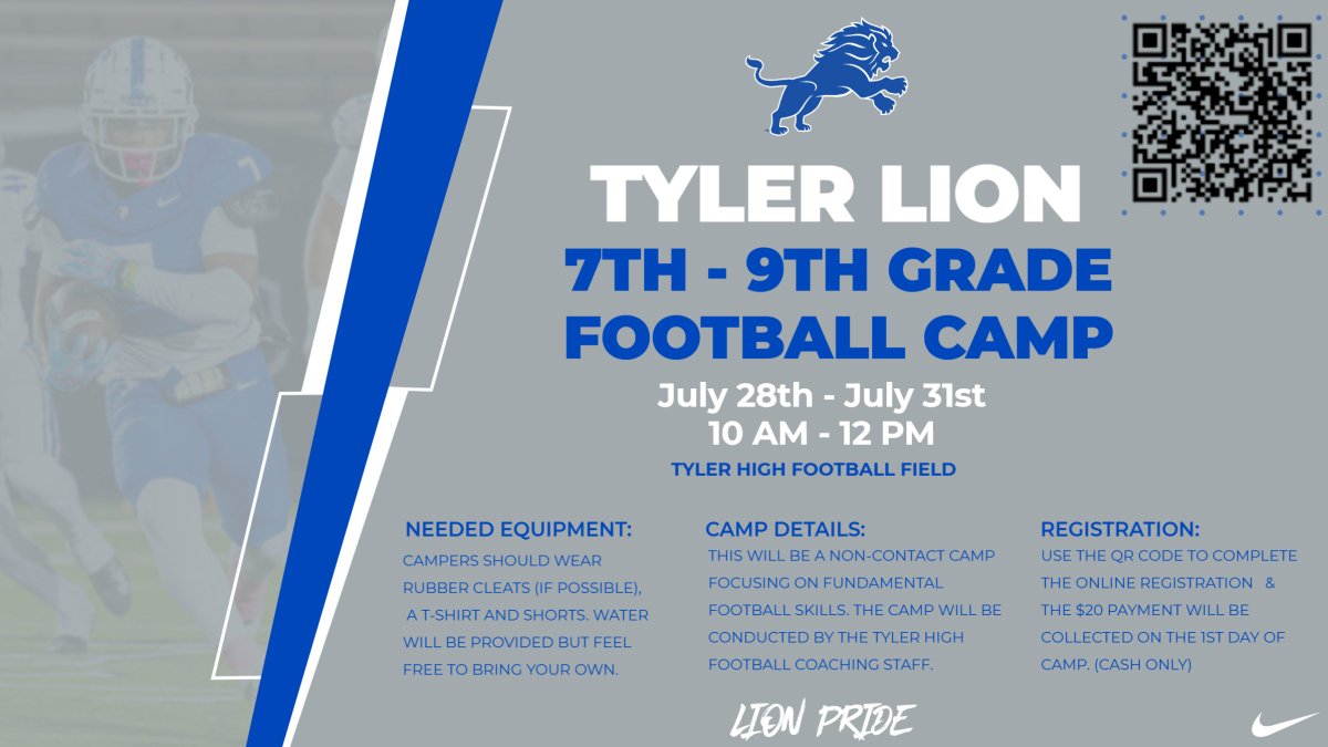Reminder: 
Incoming 7th-9th Grade Football Camp - July 28th-31st

Please Use the QR code or link below to sign up
aws.schoolpay.com/parent/mip/Mfyy