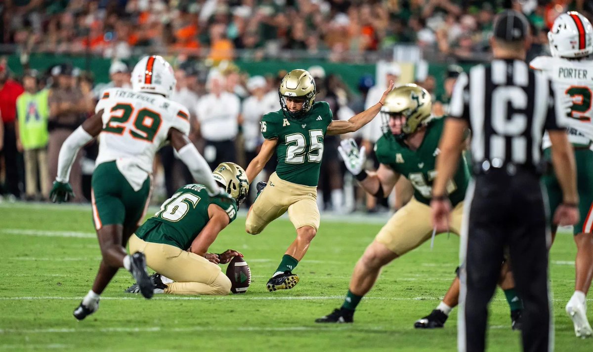🏈 Meet our beast kicker, Nico Gramatica!  Jersey number 25, Sophomore, 5'8, 165, home town TAMPA BAY, blood type: USF's GREEN AND GOLD!  🏈

Remember last year in his Freshman year we used him for only the really long field goals while using John Cannon for everything else?