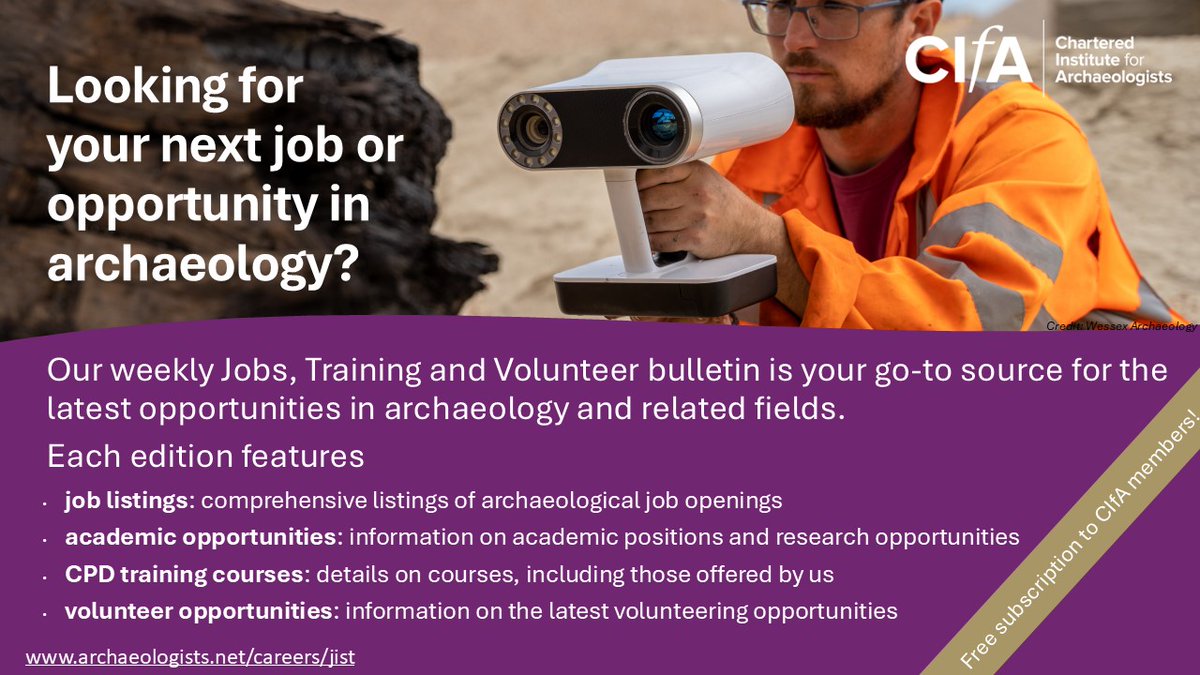 InstituteArch's tweet image. CIfA’s weekly Jobs, Training & Volunteer bulletin is the most comprehensive source for the latest jobs and opportunities in #archaeology and related disciplines. To discover your next job or training opportunity: archaeologists.net/careers/jist