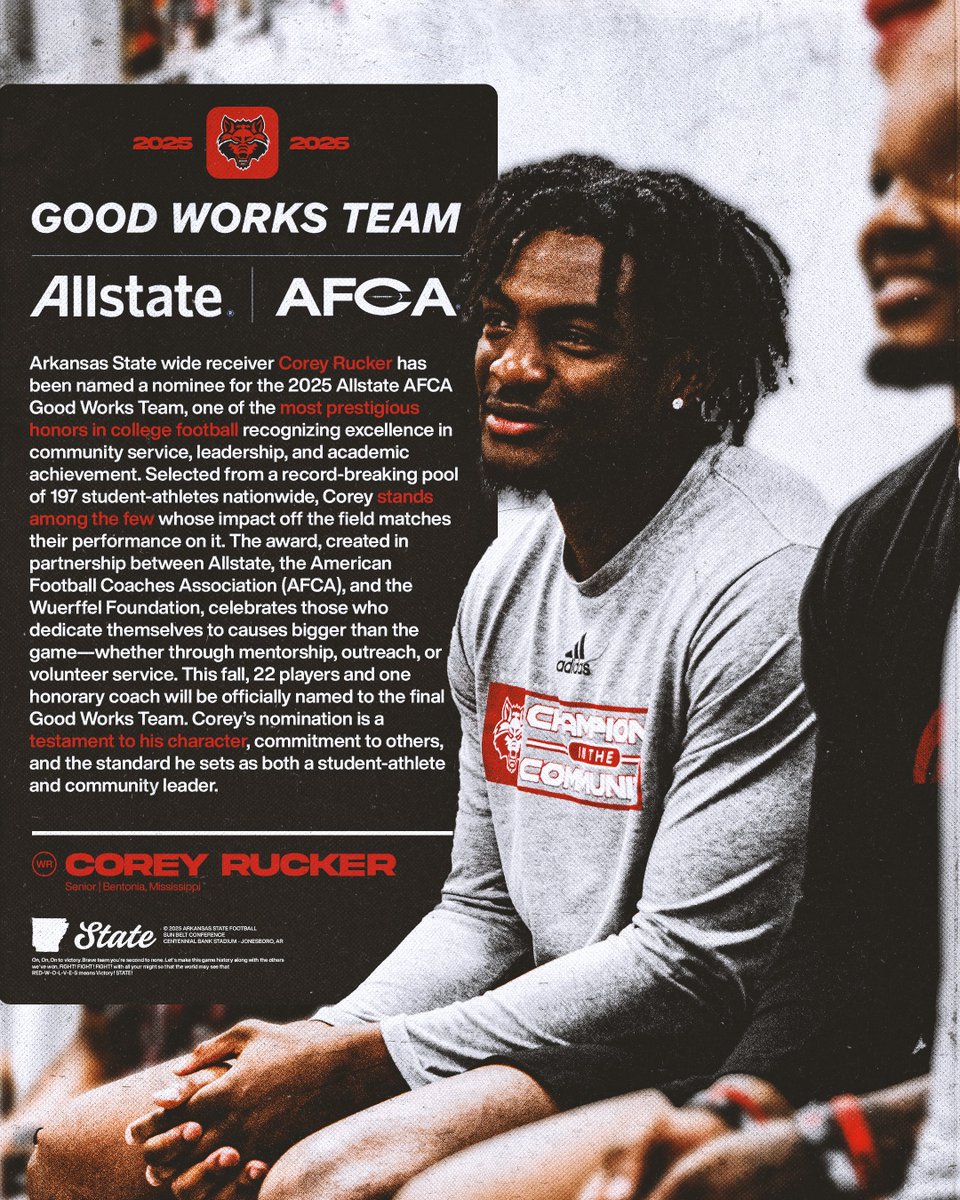 Proud to see <a href="/coreyrckr7/">Corey Rucker🎸</a> nominated for the 2025-2026 Allstate AFCA #GoodWorksTeam!

<a href="/Allstate/">Allstate</a> | <a href="/WeAreAFCA/">AFCA</a> 

#WolvesUp🐺 | #PoundTheRock🪨🔨