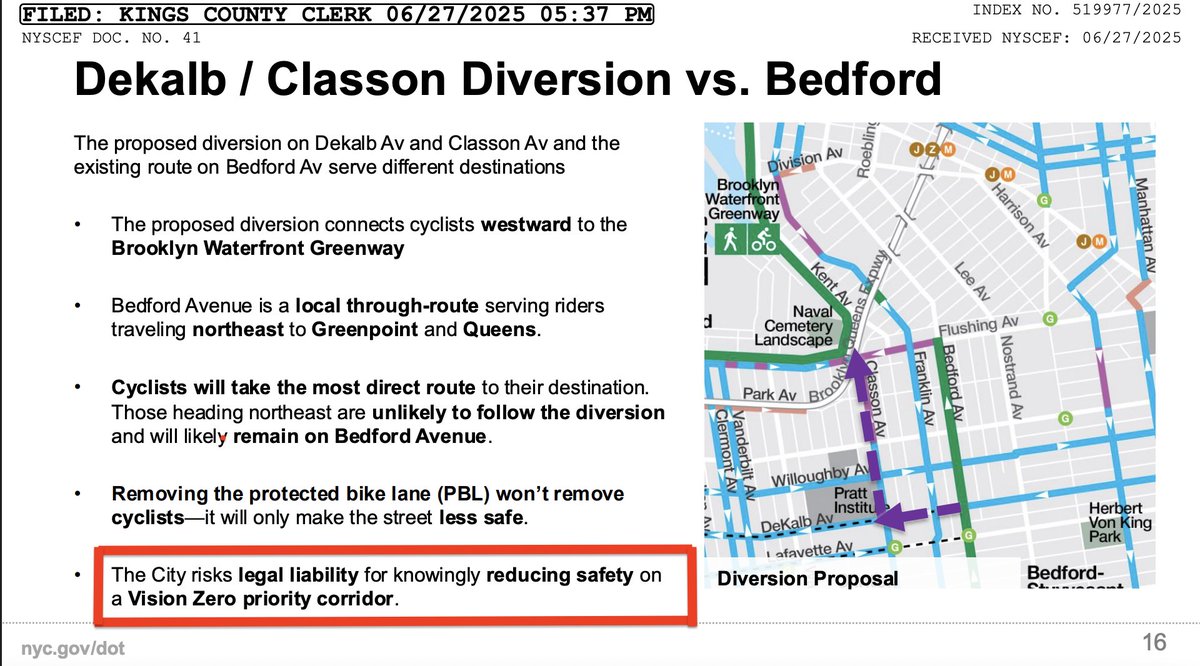 Transportation Alternatives (@transalt) on Twitter photo Attention all bicyclists: <a href="/NYCMayor/">Mayor Eric Adams</a> Adams is making Bedford Avenue less safe. If you get injured there, you should sue.
The mayor's own Department of Transportation says: “The City risks legal liability for knowingly reducing safety on a Vision Zero priority corridor.” Attention all bicyclists: <a href="/NYCMayor/">Mayor Eric Adams</a> Adams is making Bedford Avenue less safe. If you get injured there, you should sue.
The mayor's own Department of Transportation says: “The City risks legal liability for knowingly reducing safety on a Vision Zero priority corridor.”