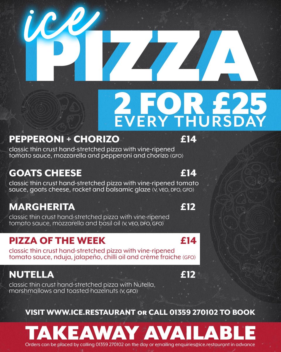 ICE (@icesuffolk) on Twitter photo 🔥 Turn up the heat with our pizza of the week 🔥
🔥 Think you can handle the heat? Book your table now at ice.restaurant/ice-booking
Thursday Deal: Any 2 pizzas for £25, perfect for sharing (or not!).
Takeaway available: Email enquiries@ice.restaurant or call 01359 270102 🔥 Turn up the heat with our pizza of the week 🔥
🔥 Think you can handle the heat? Book your table now at ice.restaurant/ice-booking
Thursday Deal: Any 2 pizzas for £25, perfect for sharing (or not!).
Takeaway available: Email enquiries@ice.restaurant or call 01359 270102