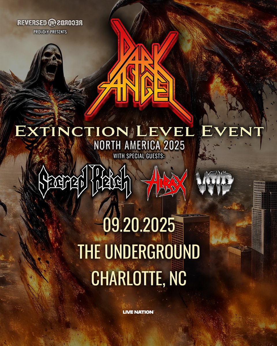 JUST ANNOUNCED! Dark Angel: EXTINCTION LEVEL EVENT NORTH AMERICA with Sacred Reich, Hirax &amp; VOID at The Underground on Saturday 9/20! @reversedrecords

LN Presale 
Thu. 7/17 10 am | Code: LIGHTS

On Sale 
Fri. 7/18 10 am | bit.ly/44Ig8N2