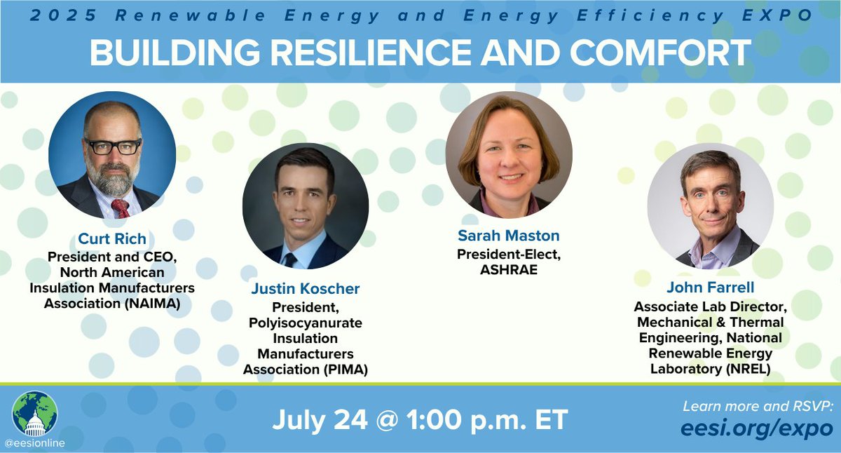 EESI's #DCEnergyExpo is coming up on July 24! Our "Building Resilience and Comfort" panel at 1pm will focus on energy efficiency.

Speakers:
🏠 Curt Rich, NAIMA
🏠 Justin Koscher, PIMA
🏠 Sarah Maston, ASHRAE
🏠 John Farrell, NREL

Learn more and RSVP: eesi.org/expo