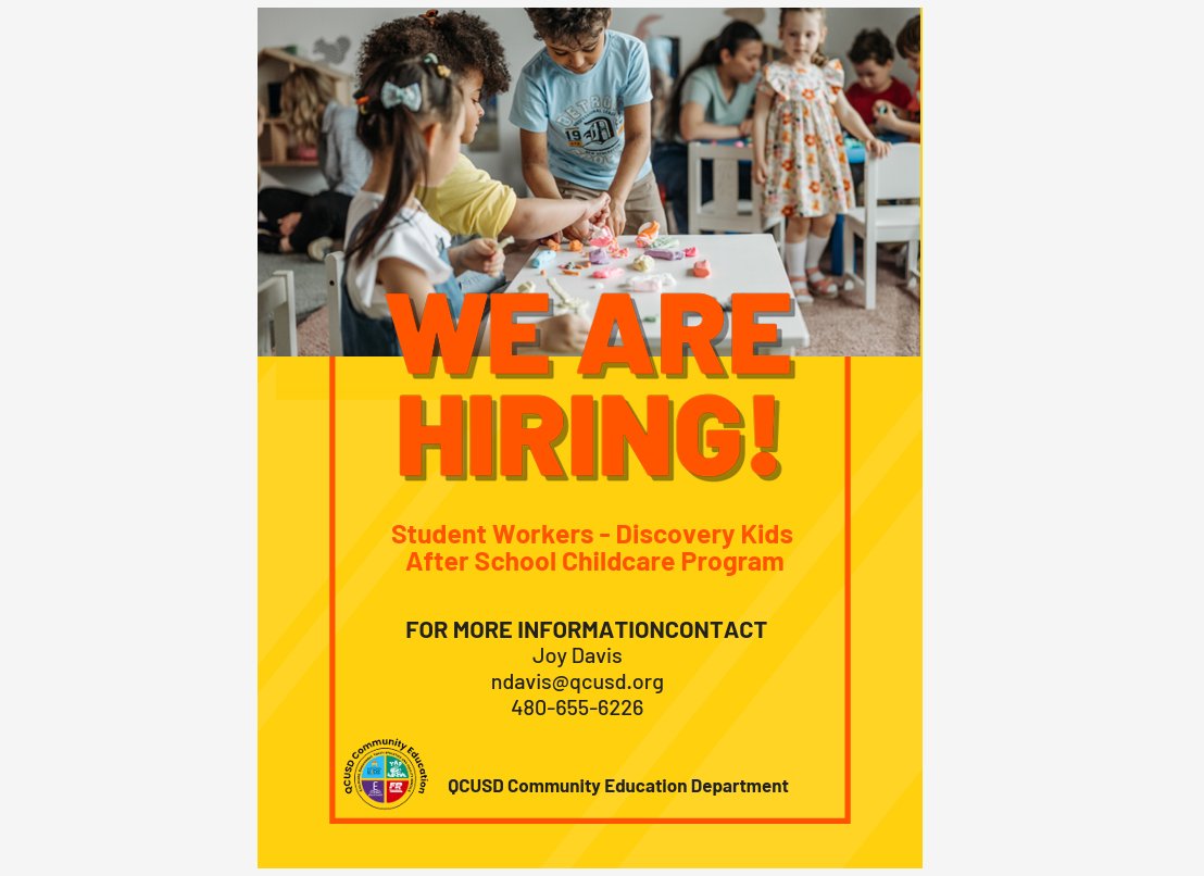 🌟 Exciting opportunity alert! 🌟 QCUSD is hiring student workers for our after-school childcare program! Join us to make a difference &amp; gain experience. Apply now! 🧒💼 #QCUSDJobs #StudentWorkers