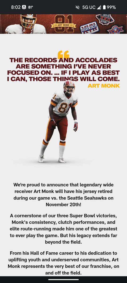 ratedarmstrong's tweet image. Art Monk's 81 will be retired in November vs the Seahawks. Josh Harris and crew. Well played, @Commanders
#RaiseHail