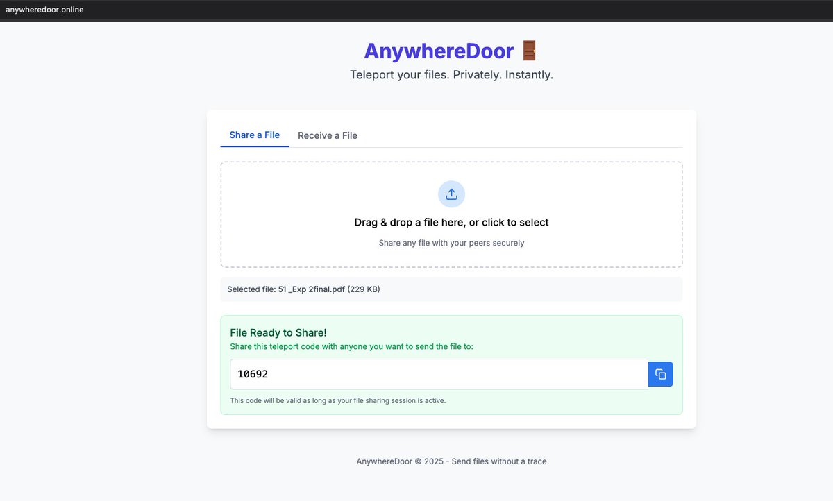 krushikesh (@rushihq_) on Twitter photo Public PC file sharing via Gmail/WhatsApp? Awkward & risky. Inspired by <a href="/SinghDevHub/">Lovepreet Singh 🌱</a> , I built AnywhereDoor to fix it! 🚪
This P2P app offers secure, one-time sharing – no logins, no traces.
Ditch privacy worries. Try AnywhereDoor! 👇
anywheredoor.online Public PC file sharing via Gmail/WhatsApp? Awkward & risky. Inspired by <a href="/SinghDevHub/">Lovepreet Singh 🌱</a> , I built AnywhereDoor to fix it! 🚪
This P2P app offers secure, one-time sharing – no logins, no traces.
Ditch privacy worries. Try AnywhereDoor! 👇
anywheredoor.online