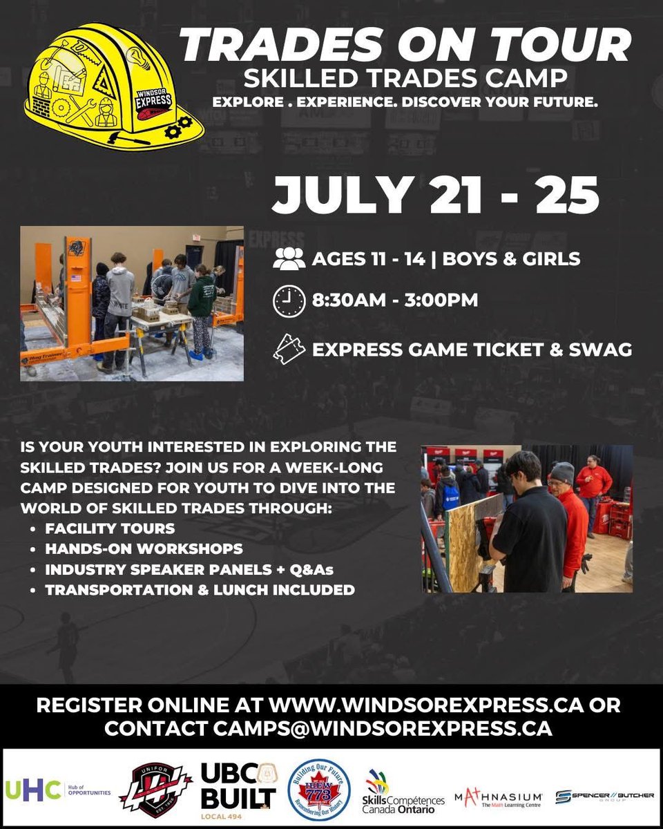 LOCAL444UNIFOR's tweet image. 🚨 Only 3 Spots Left! 🛠️
Don’t miss out on Trades on Tour Camp (July 21–25) for youth 11–14!
✅ Free lunch & transport
✅ Facility tours
✅ Hands-on workshops
✅ Swag & Express ticket
📲 Register now: windsorexpress.ca
#SkilledTrades #LocalProud