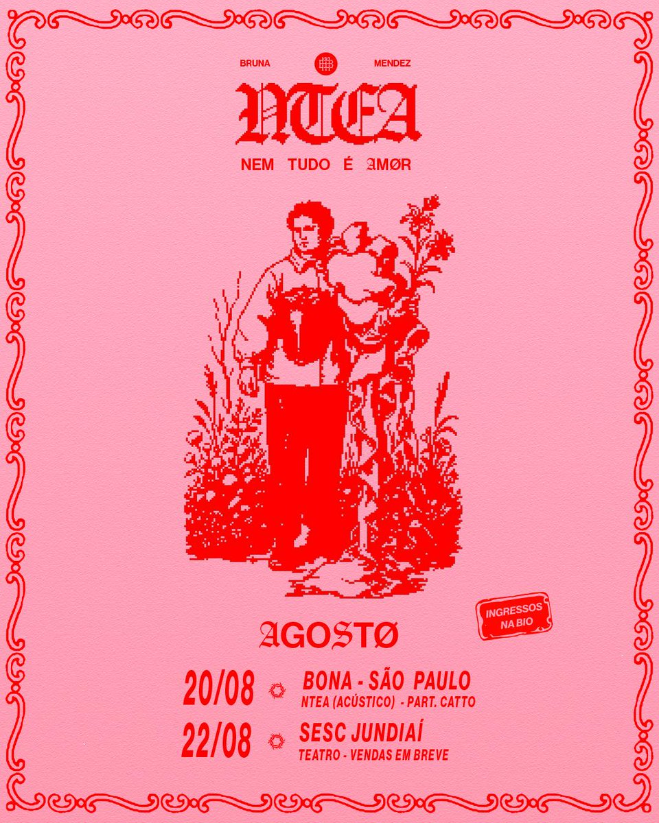 Bruna Mendez em agosto:
20/08 - Bona (SP) com part. de <a href="/oficialcatto/">𝑪 𝑨 𝑻 𝑻 💔</a> 
22/08 - <a href="/sescjundiai/">Sesc Jundiaí</a>