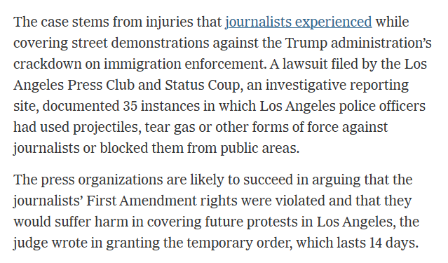 tbridis's tweet image. It's disappointing it took a judge to issue such an order in United States: 'Judge Orders Los Angeles Police to Stop Shooting Projectiles at Journalists' nytimes.com/2025/07/11/us/…