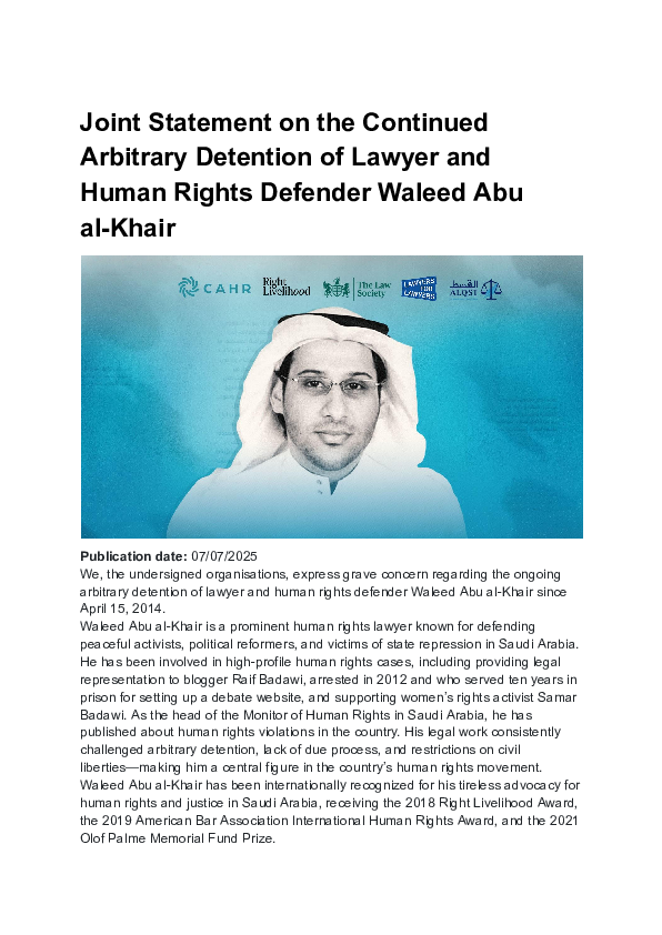 WaleedAbulkhair's tweet image. Joint statement condemning the continued arbitrary detention of Waleed Abu al-Khair @ALQST_ORG @rightlivelihood @CAHRyork @TheLawSociety @L4L_INT @ALQST_Contact